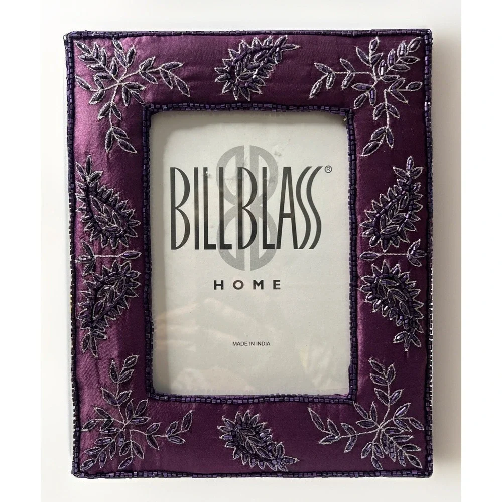 Bill Blass Home Purple Beaded Fabric 5x7 Picture Frame Floral Mint